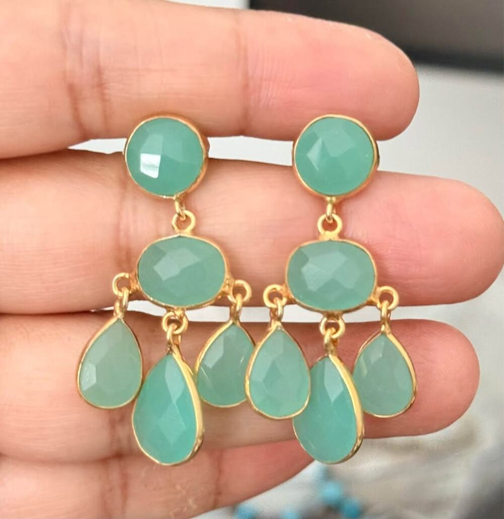 Chalcedony Earrings 18K Gold Vermeil Sterling Silver Aqua Green Gemstone